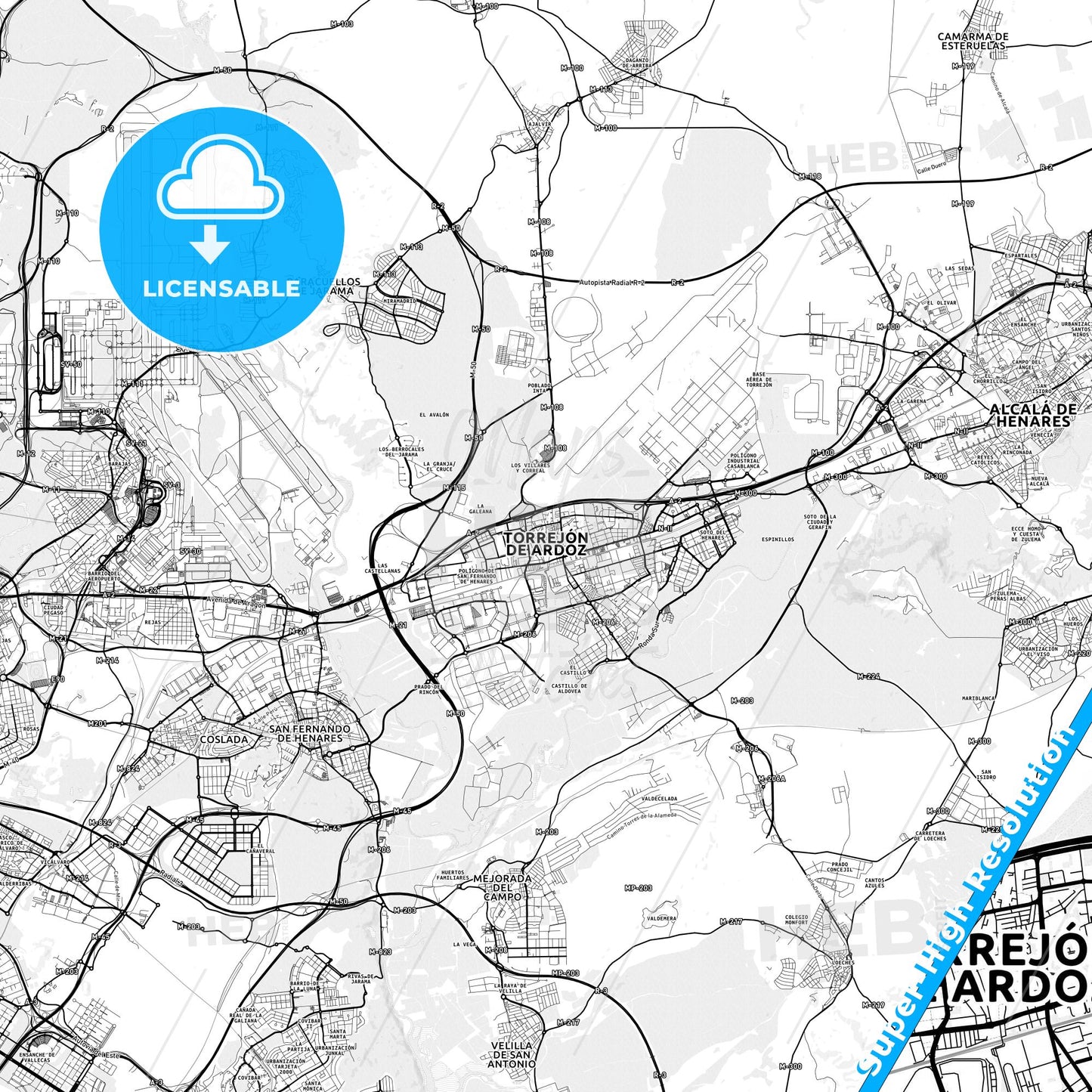 Torrejón de Ardoz, Spain light map with streetnames, citynames and districts