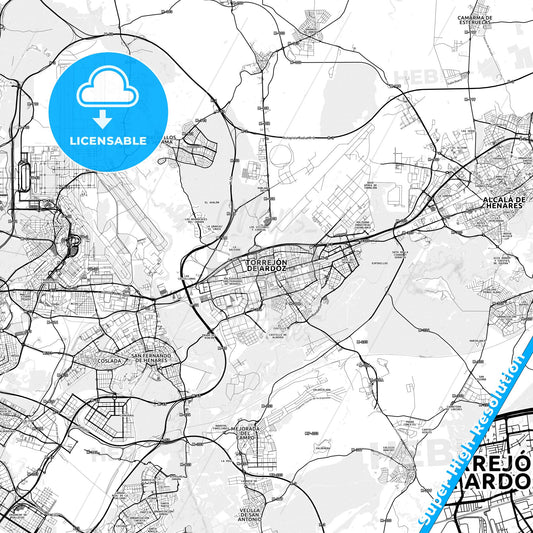 Torrejón de Ardoz, Spain light map with streetnames, citynames and districts