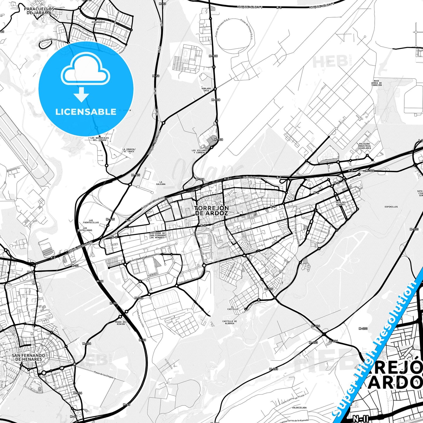 Torrejón de Ardoz, Spain Light Map with Street Names, City Names, and Districts