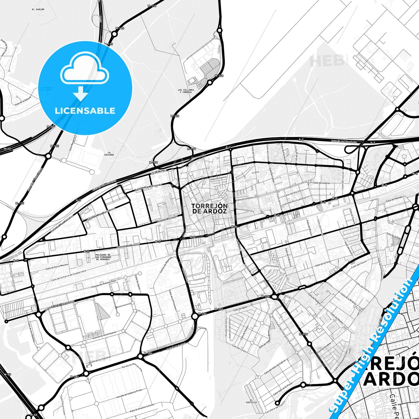Torrejón de Ardoz, Spain Light Map with Street Names, City Names, and Districts