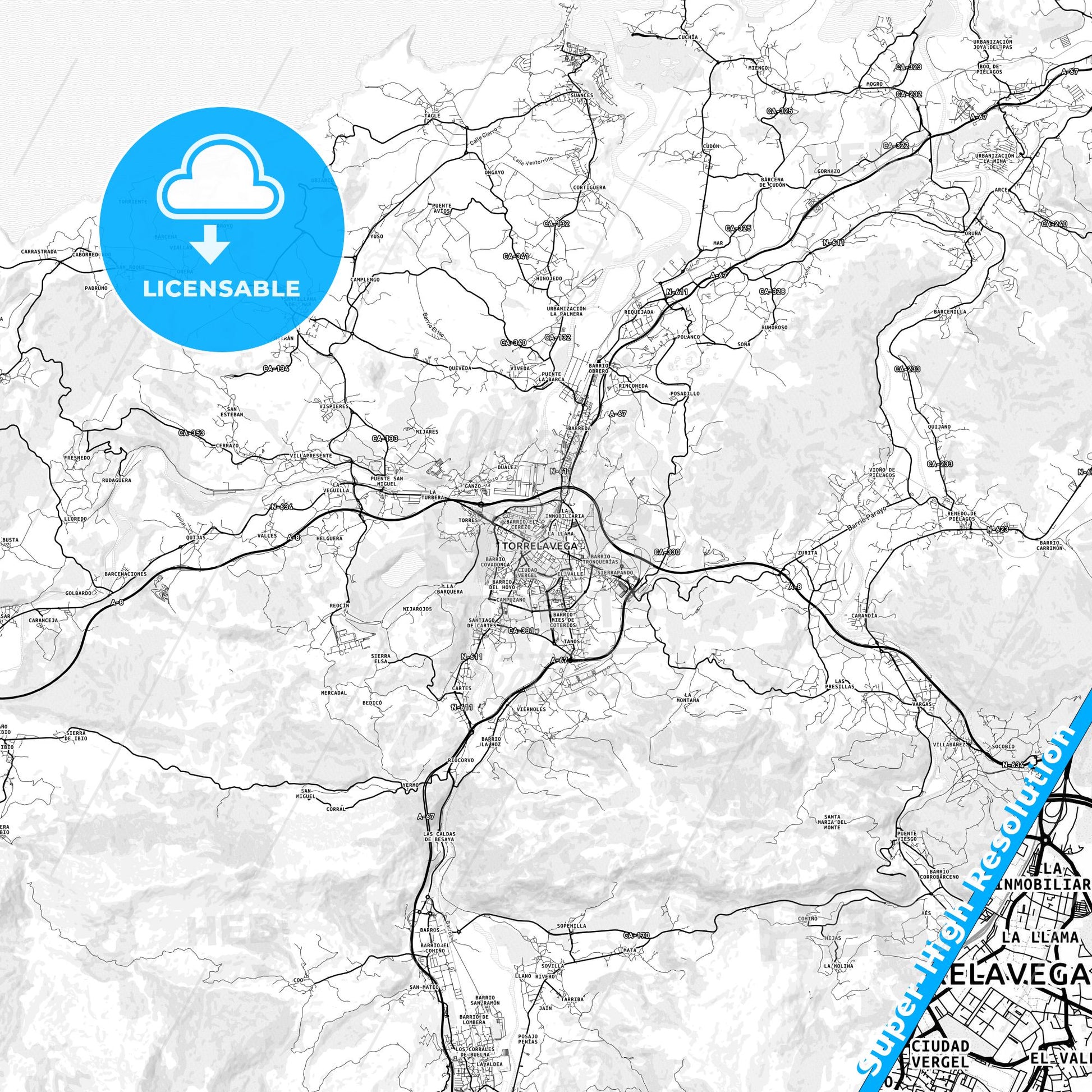 Torrelavega, Spain light map with streetnames, citynames and districts