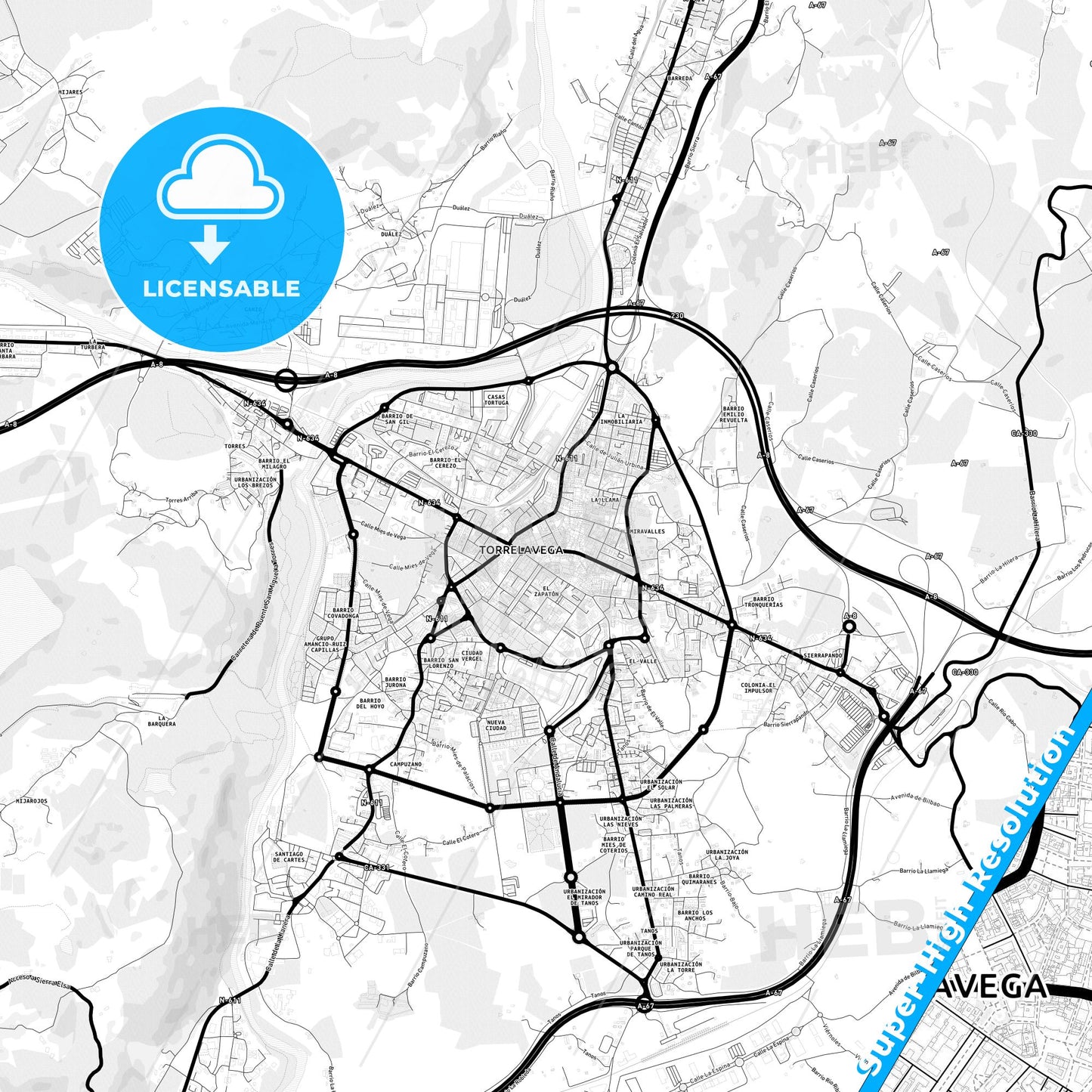 Torrelavega, Spain Light Map with Street Names, City Names, and Districts