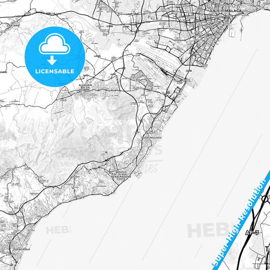 Torremolinos, Spain light map with streetnames, citynames and districts
