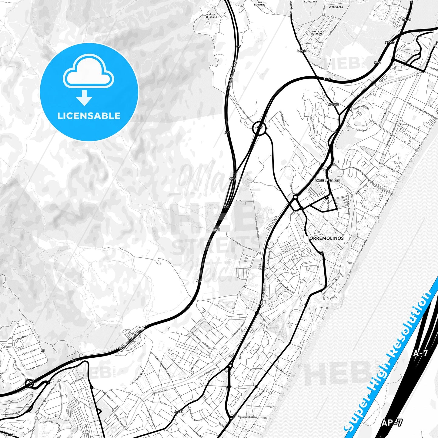 Torremolinos, Spain Light Map with Street Names, City Names, and Districts