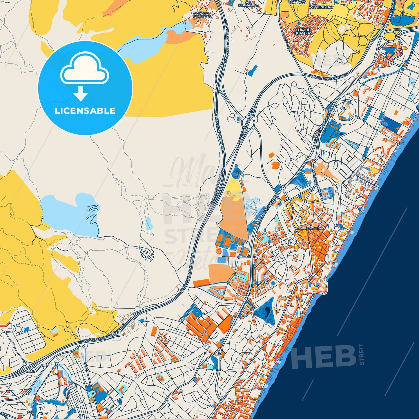 Colorful Torremolinos Street Map with Labels and Buildings