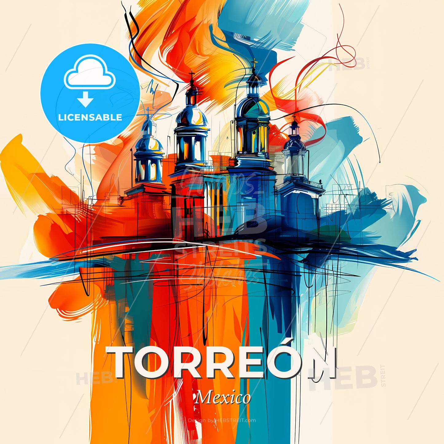 Vibrant Torreón, Mexico - A Painting Of A Building With A Colorful Background - Square format print template