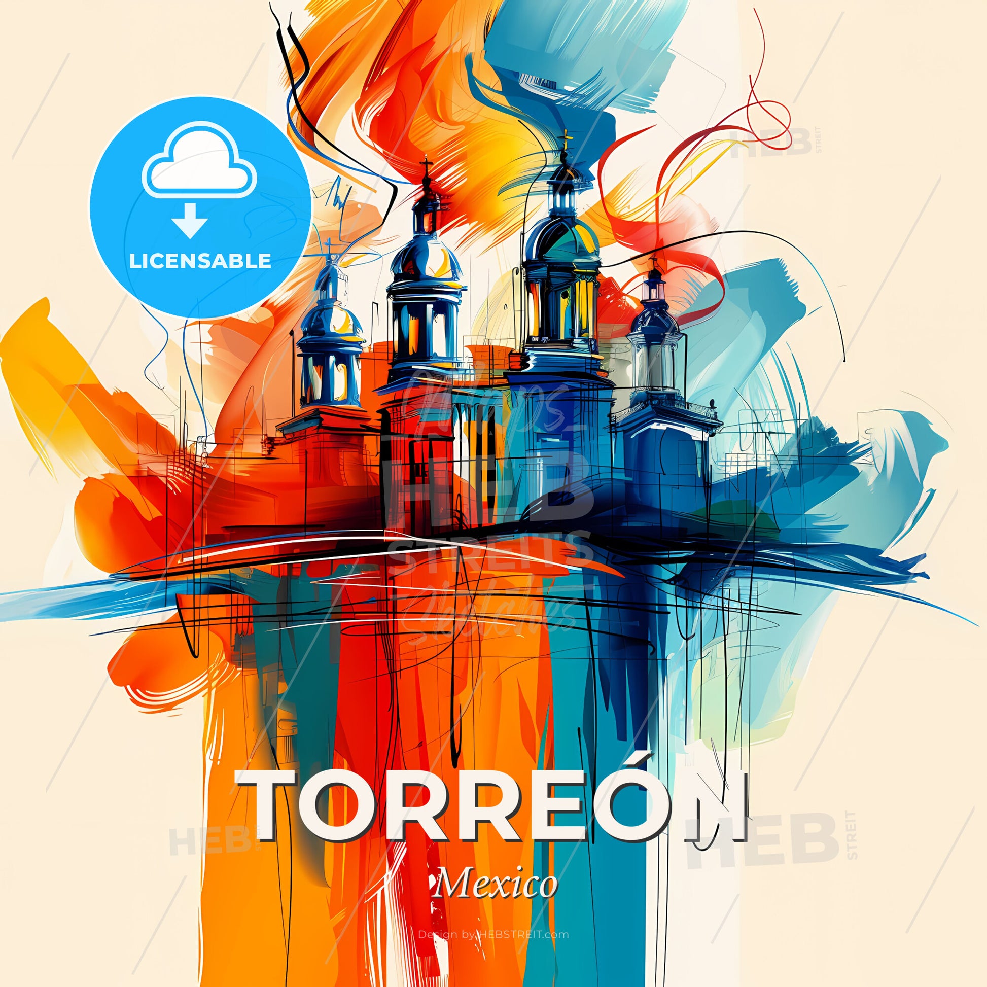 Vibrant Torreón, Mexico - A Painting Of A Building With A Colorful Background - Square format print template