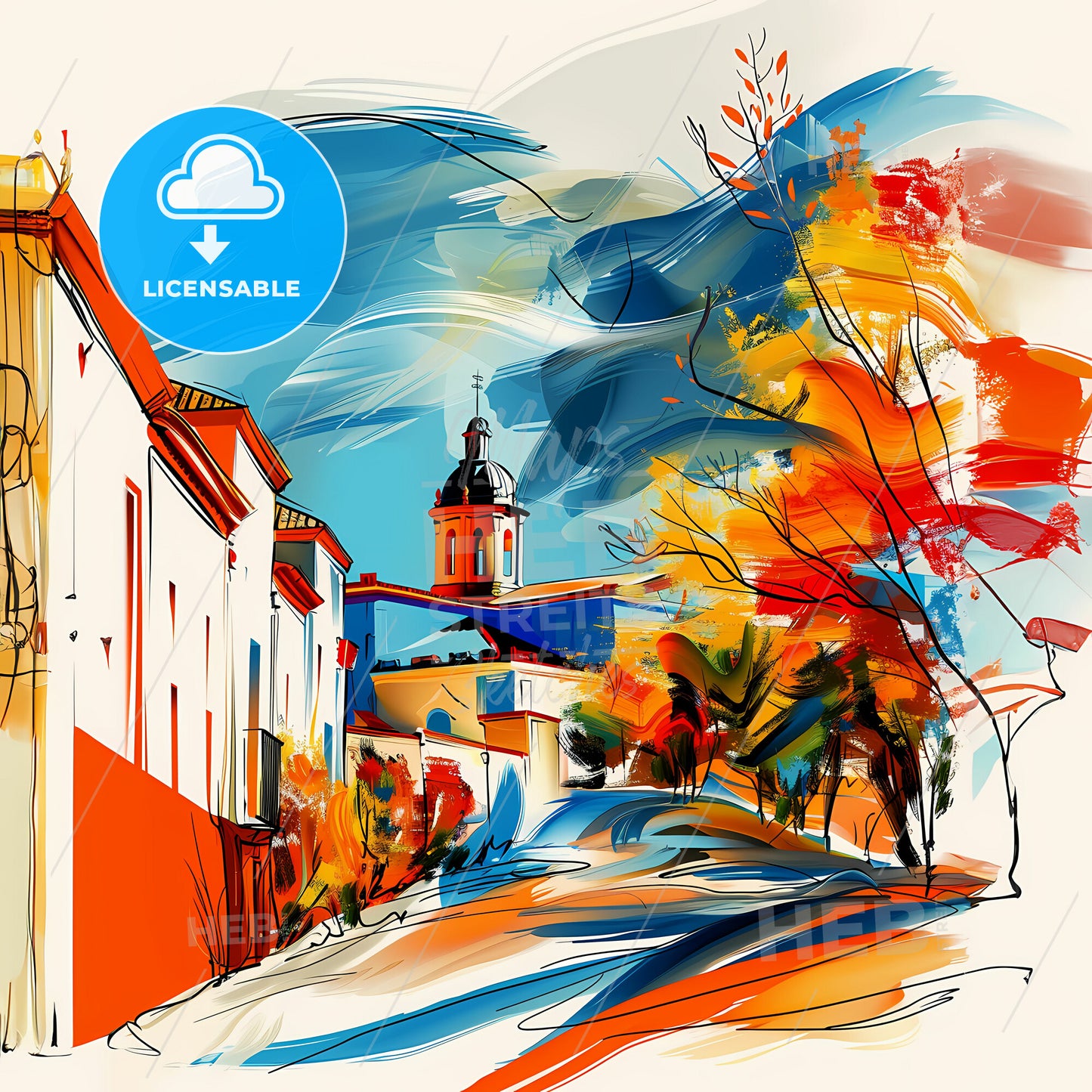 Vibrant Torreón, Mexico - A Painting Of A Street With Buildings And Trees