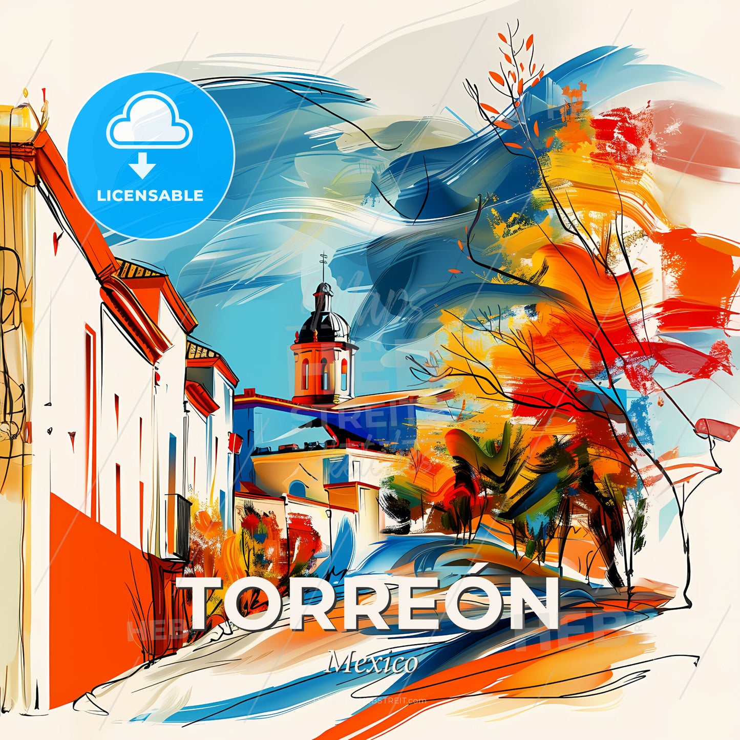 Vibrant Torreón, Mexico - A Painting Of A Street With Buildings And Trees - Square format print template
