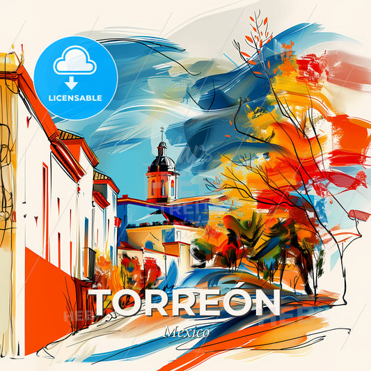 Vibrant Torreón, Mexico - A Painting Of A Street With Buildings And Trees - Square format print template