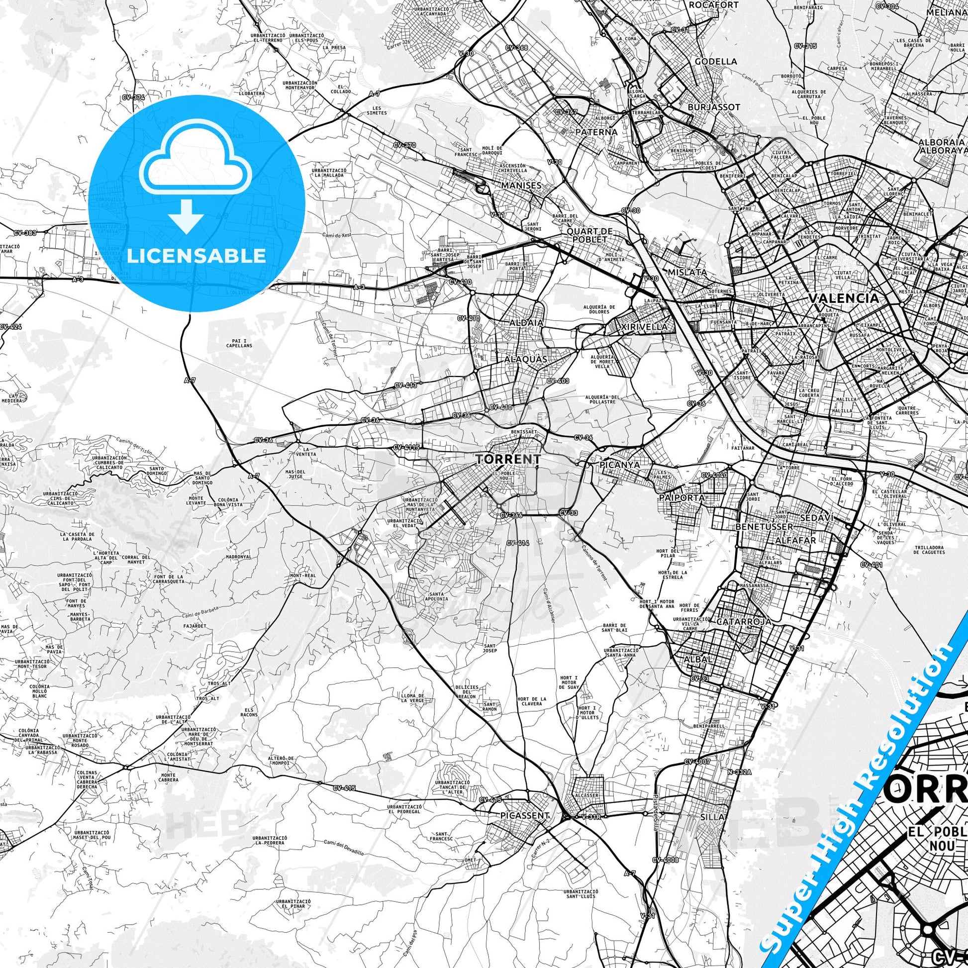 Torrent, Spain light map with streetnames, citynames and districts