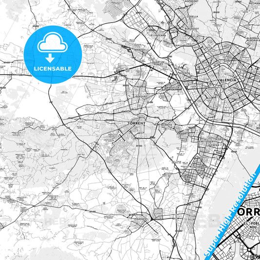 Torrent, Spain light map with streetnames, citynames and districts