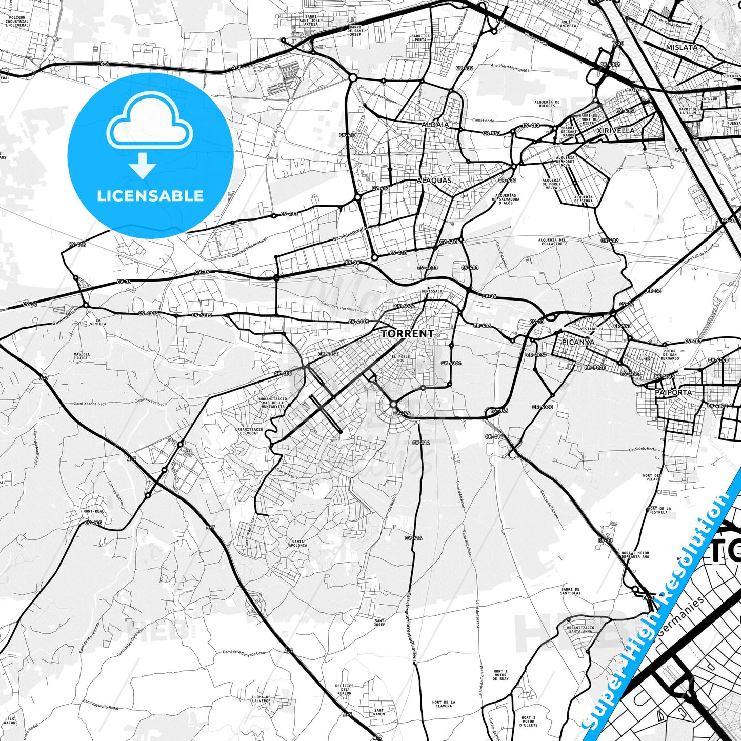 Torrent, Spain Light Map with Street Names, City Names, and Districts