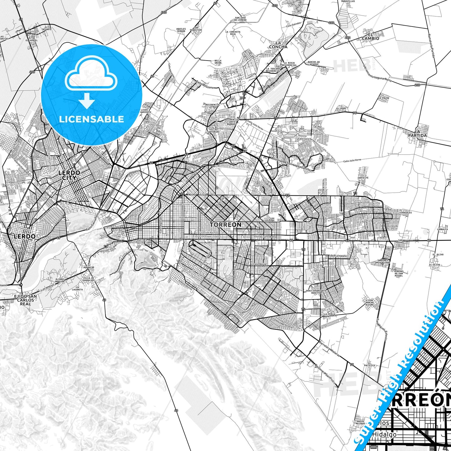 Torreón, Mexico light map with streetnames, citynames and districts