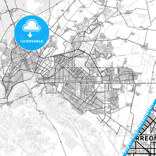 Torreón, Mexico light map with streetnames, citynames and districts