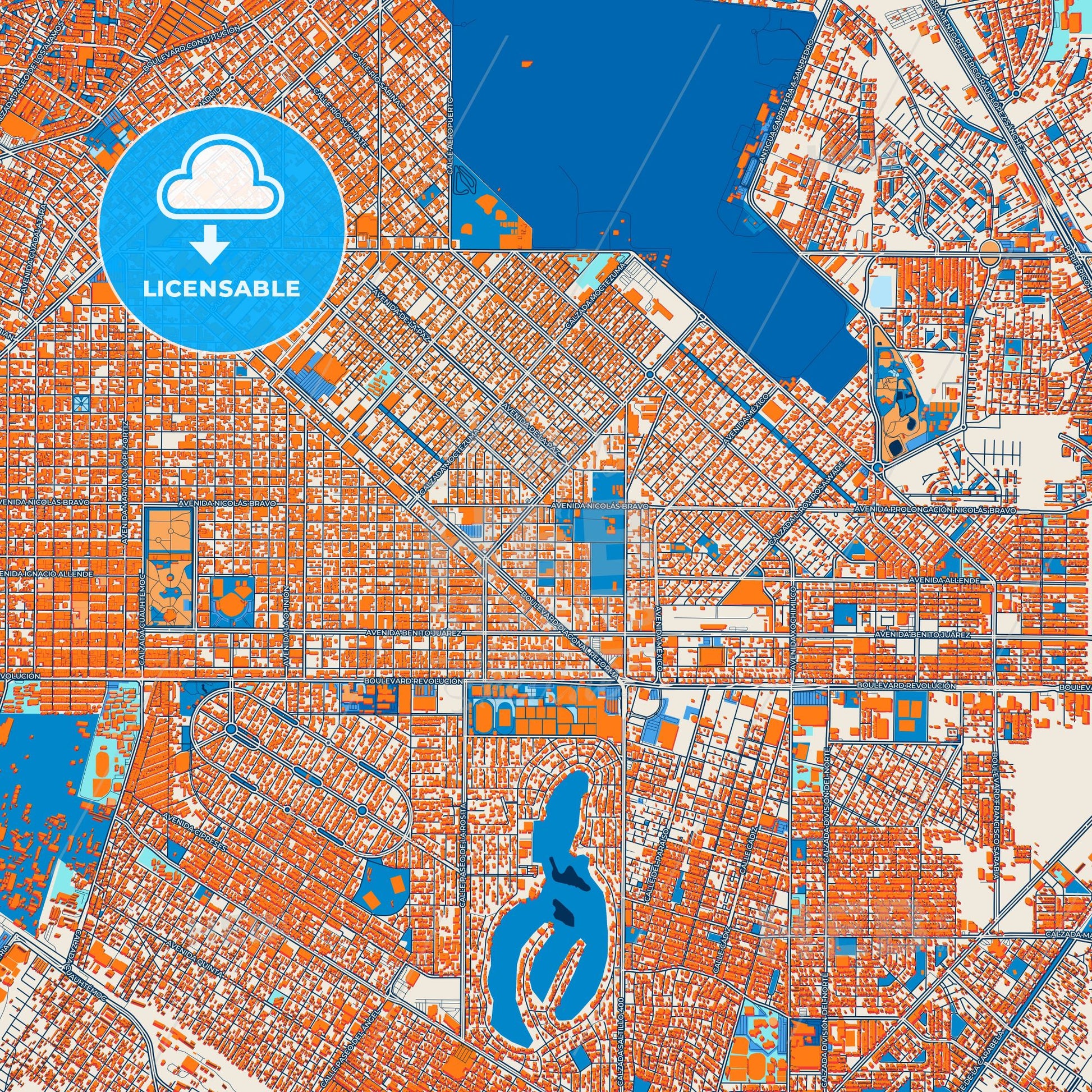 Colorful Torreón Street Map with Labels and Buildings
