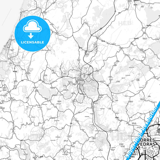 Torres Vedras, Portugal light map with streetnames, citynames and districts