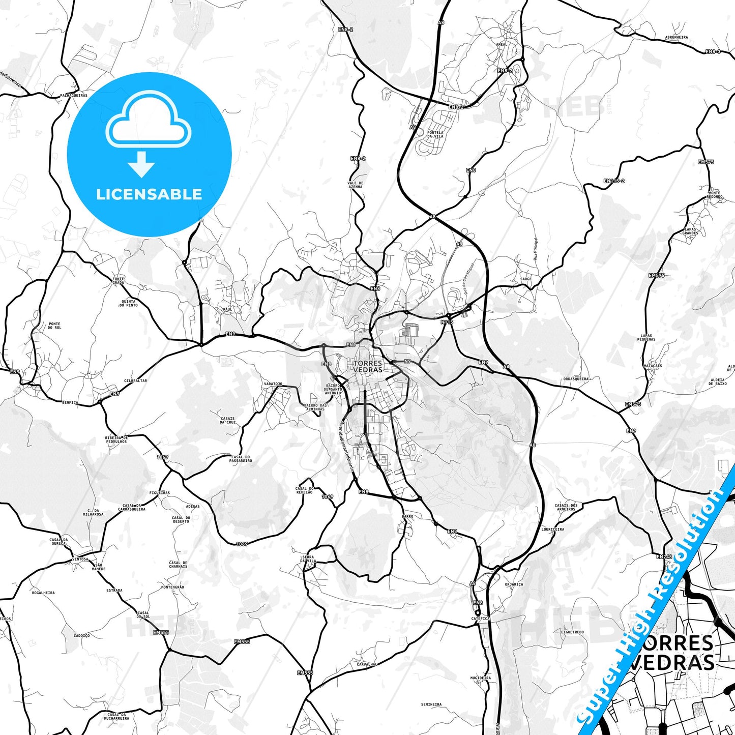 Torres Vedras, Portugal Light Map with Street Names, City Names, and Districts