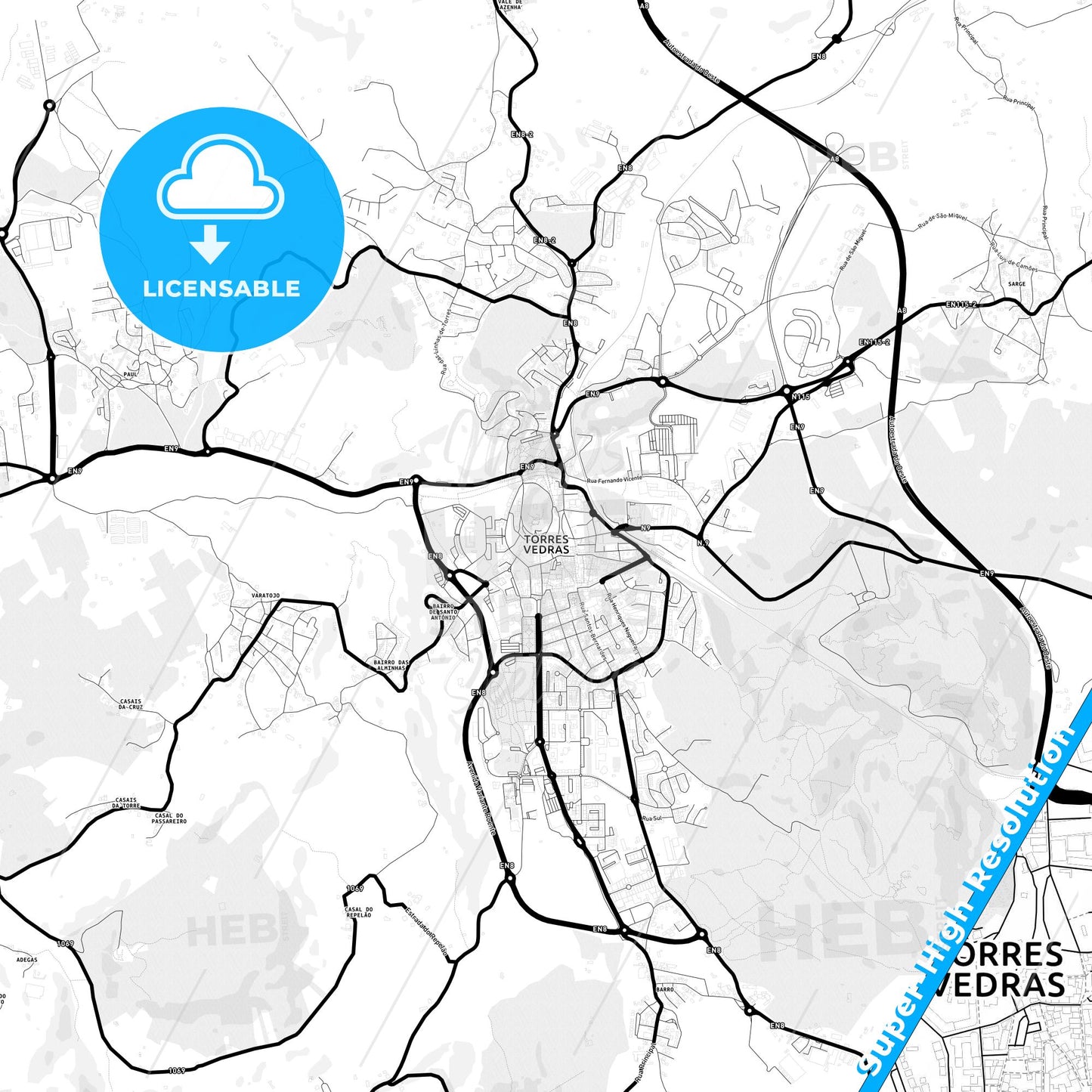Torres Vedras, Portugal Light Map with Street Names, City Names, and Districts