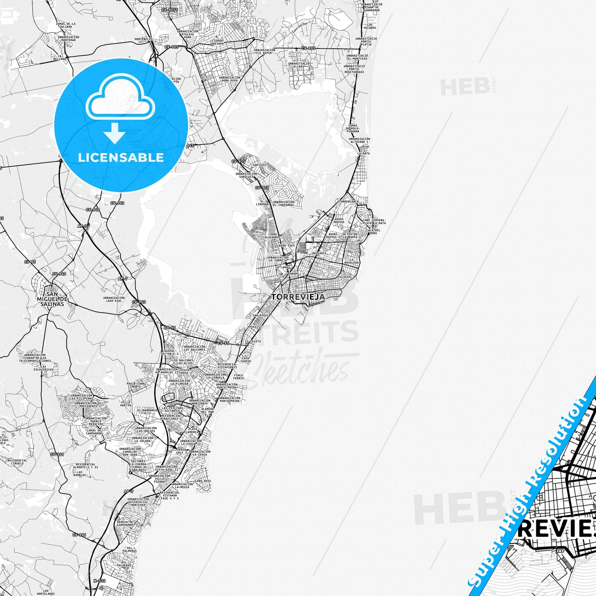 Torrevieja, Spain light map with streetnames, citynames and districts