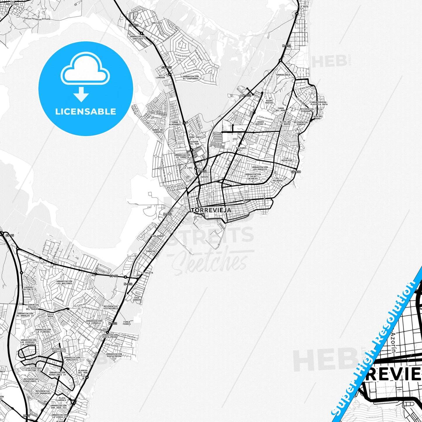 Torrevieja, Spain Light Map with Street Names, City Names, and Districts