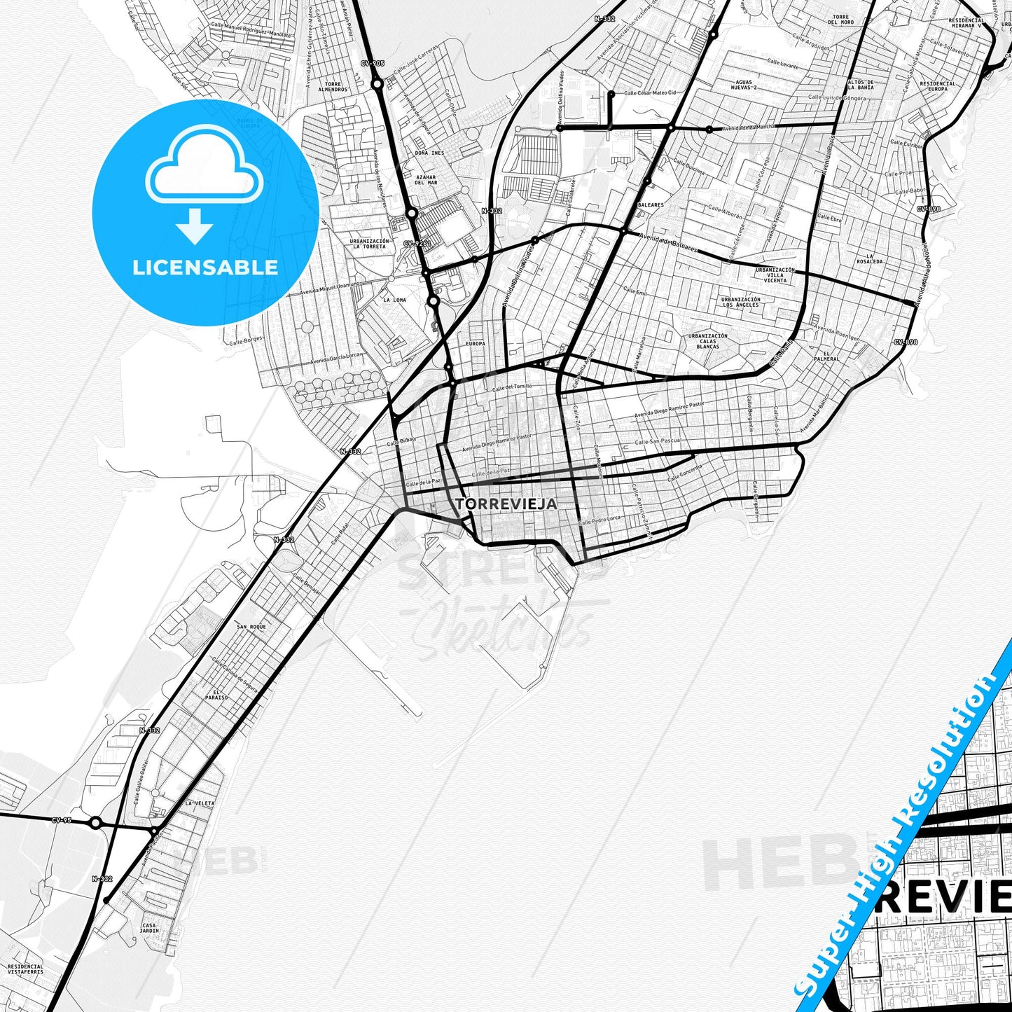 Torrevieja, Spain Light Map with Street Names, City Names, and Districts