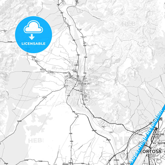 Tortosa, Spain light map with streetnames, citynames and districts