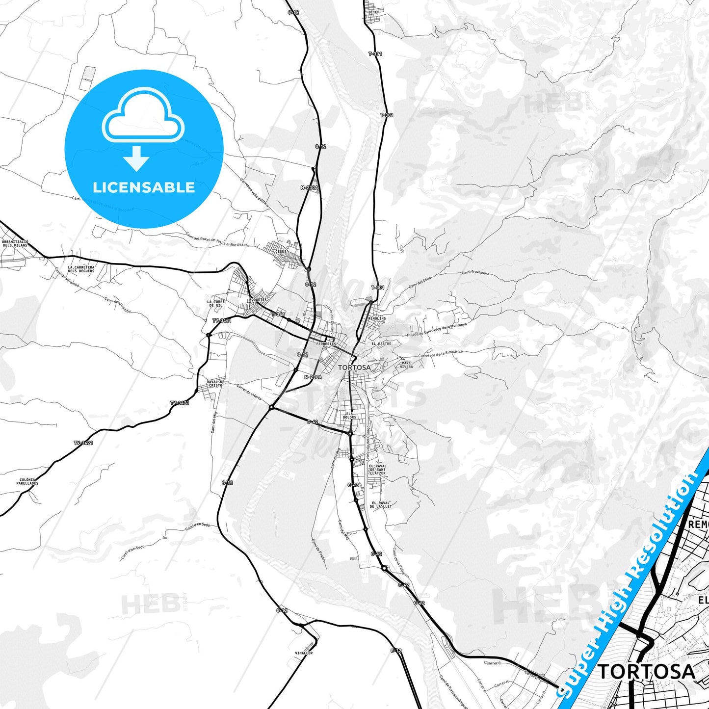 Tortosa, Spain Light Map with Street Names, City Names, and Districts