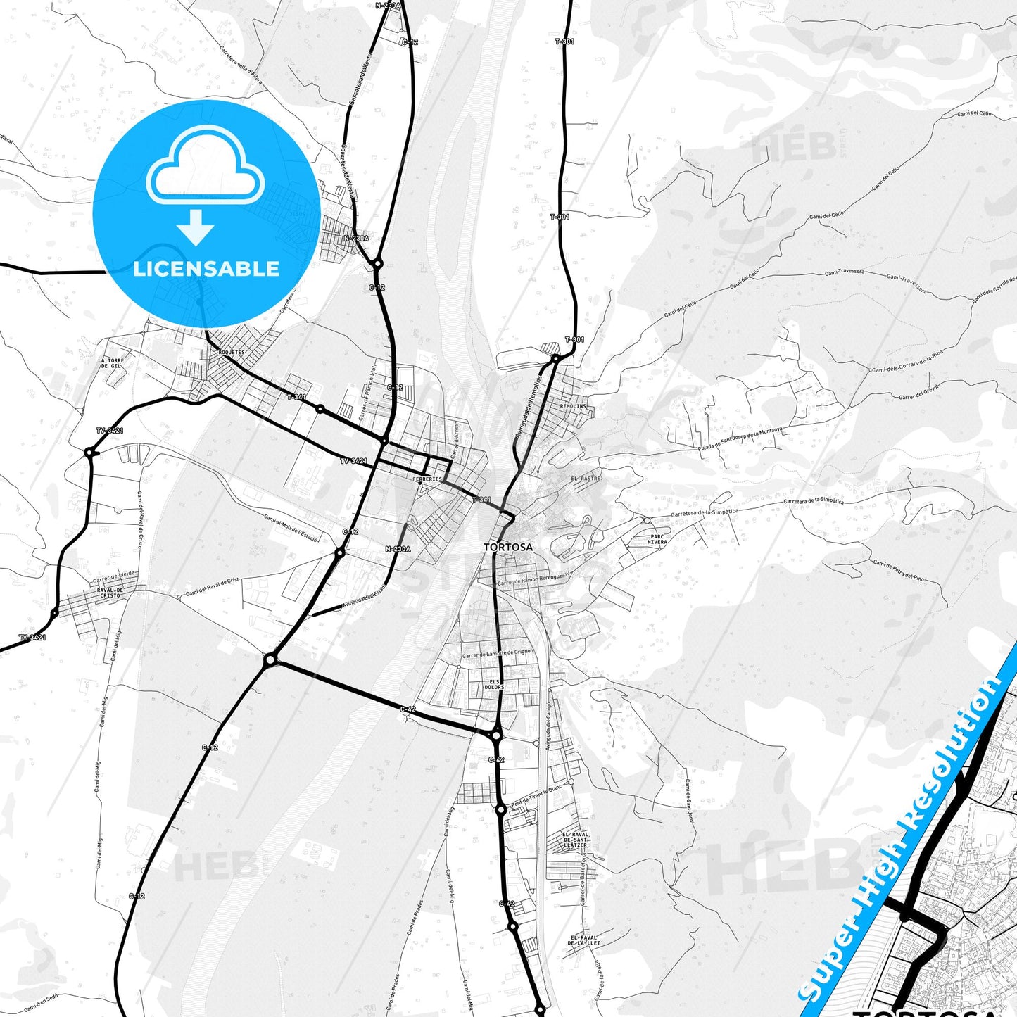 Tortosa, Spain Light Map with Street Names, City Names, and Districts