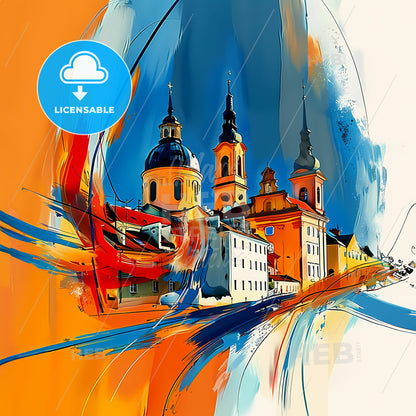 Vibrant Toruń, Poland - A Painting Of A Building With Towers