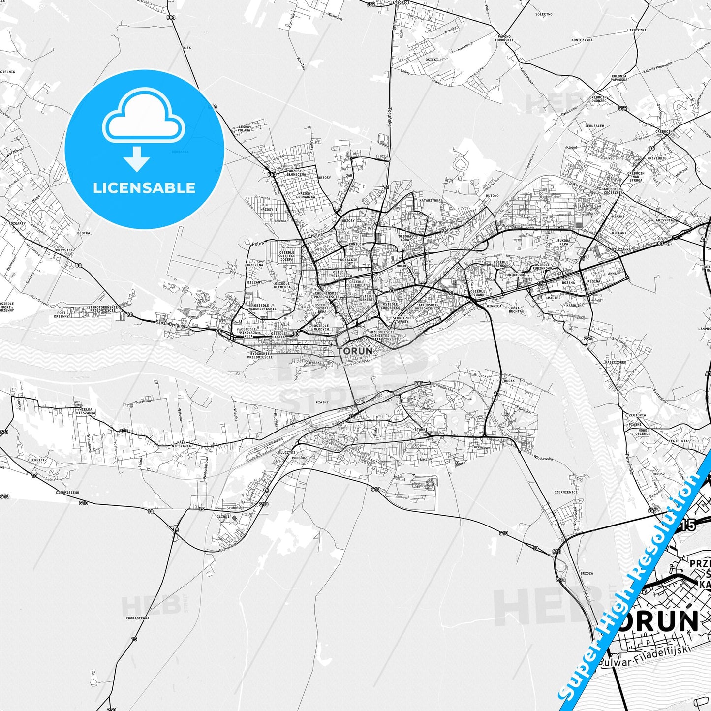 Toruń, Poland light map with streetnames, citynames and districts