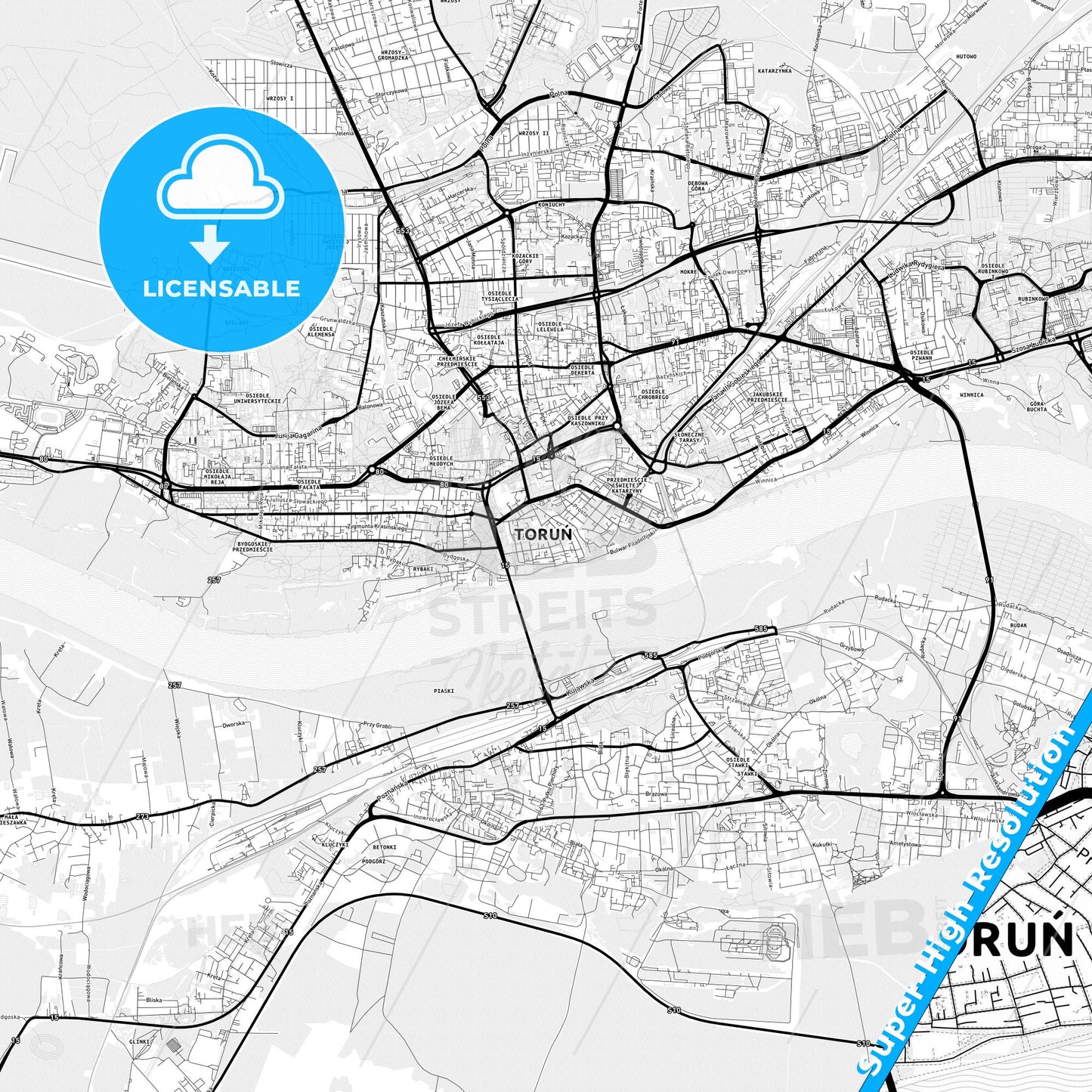 Toruń, Poland Light Map with Street Names, City Names, and Districts