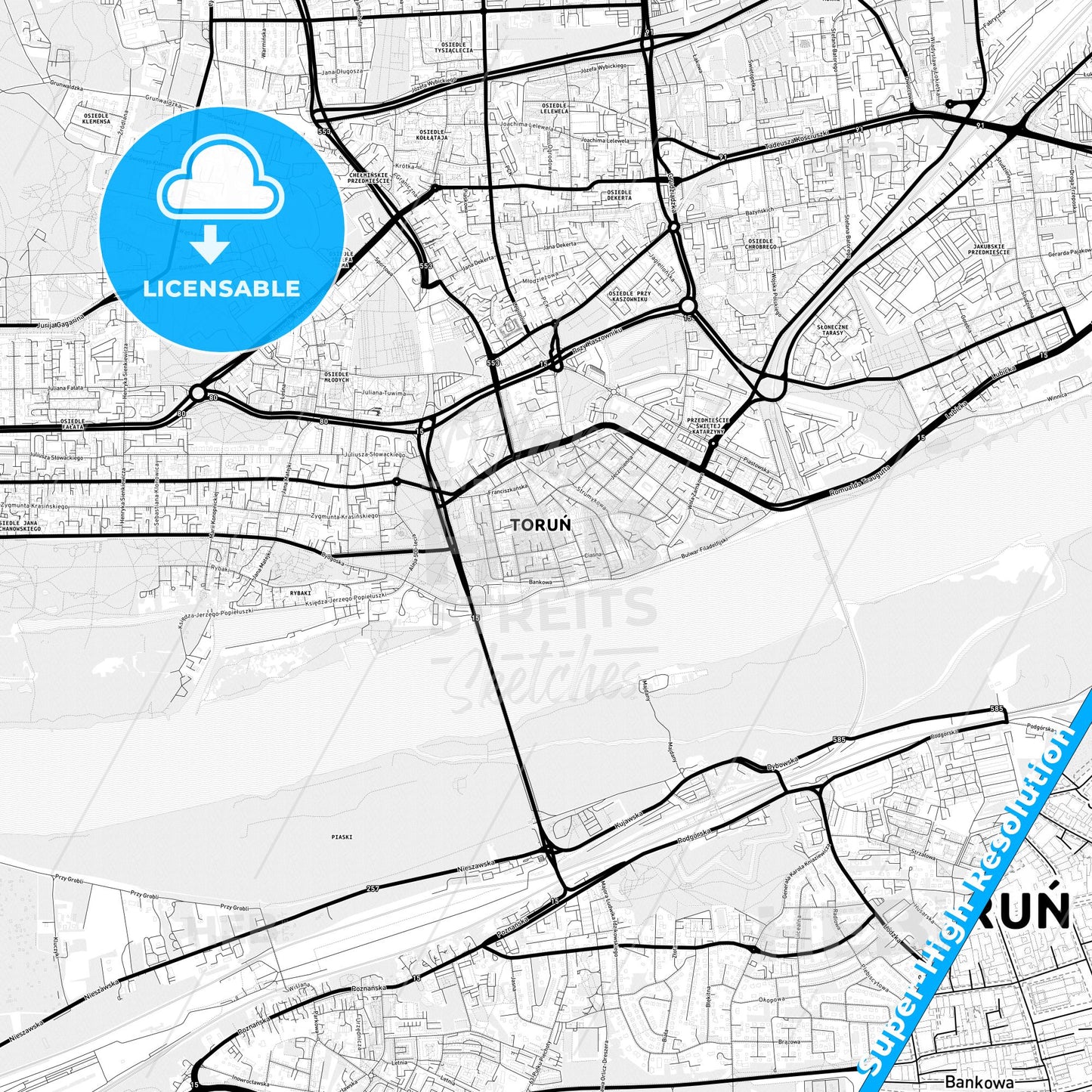 Toruń, Poland Light Map with Street Names, City Names, and Districts