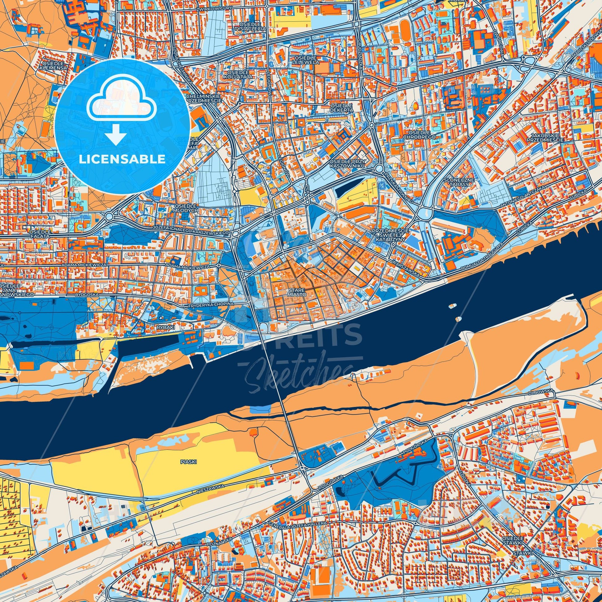 Colorful Toruń Street Map with Labels and Buildings