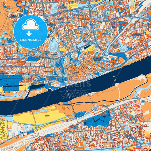 Colorful Toruń Street Map with Labels and Buildings