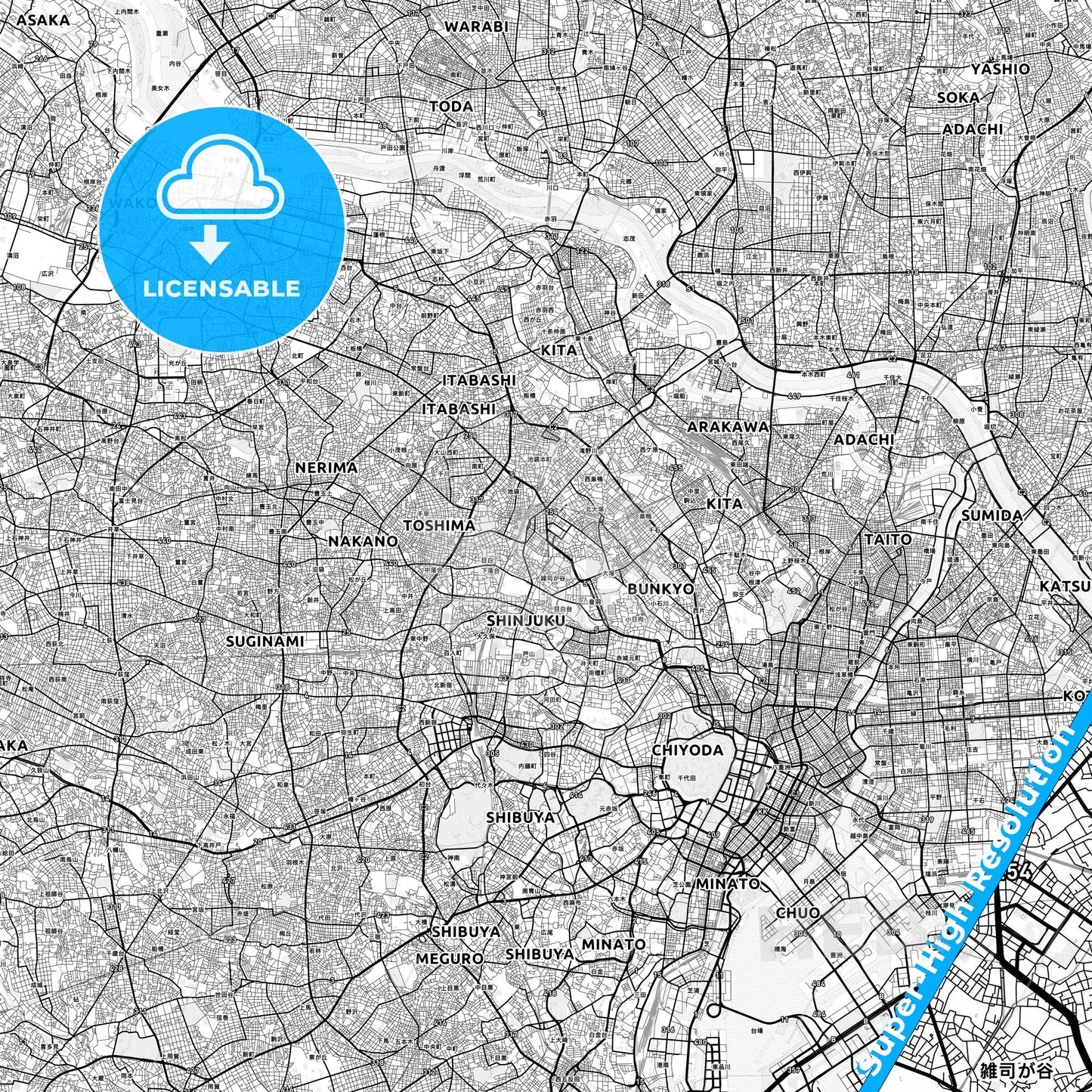 Toshima, Japan light map with streetnames, citynames and districts