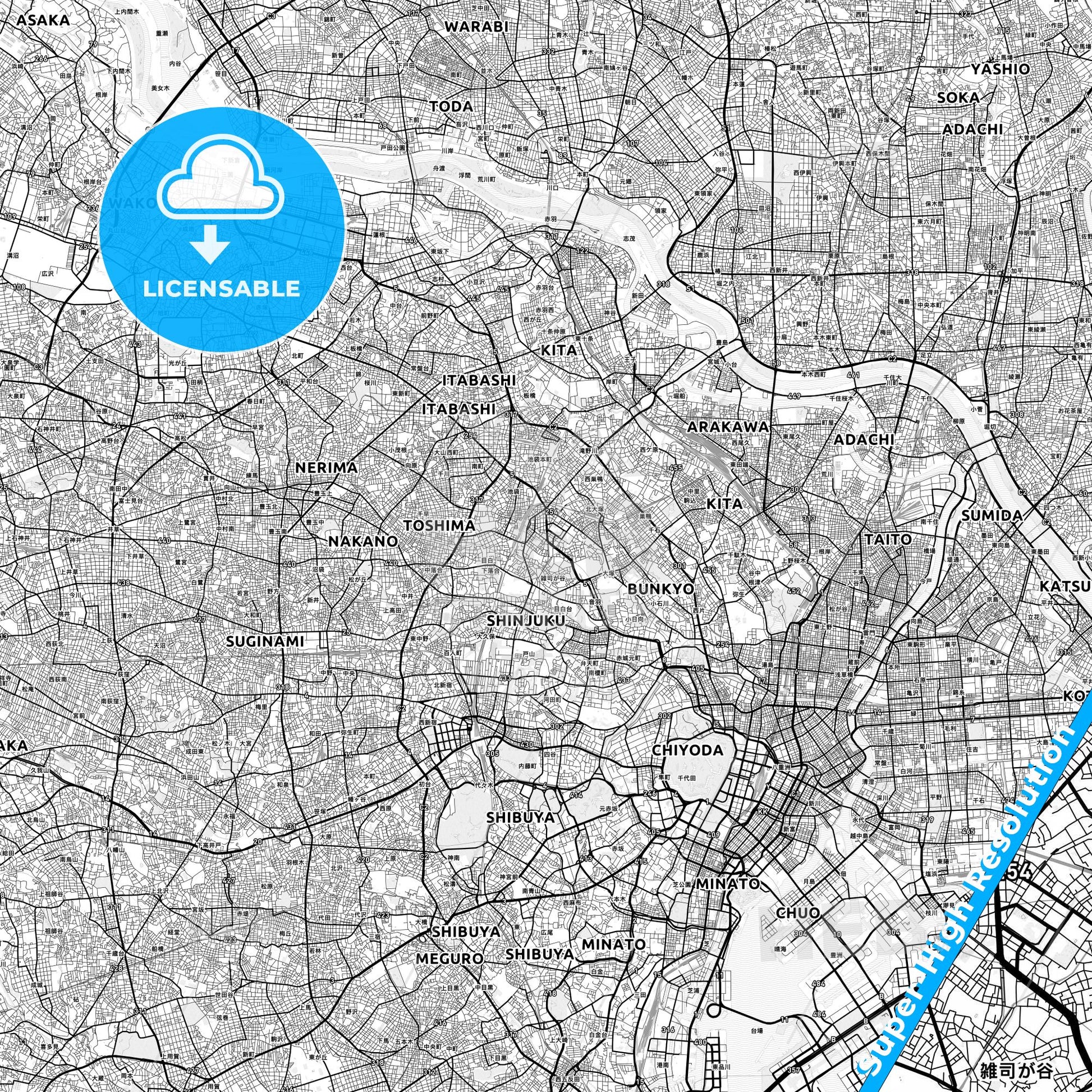 Toshima, Japan light map with streetnames, citynames and districts