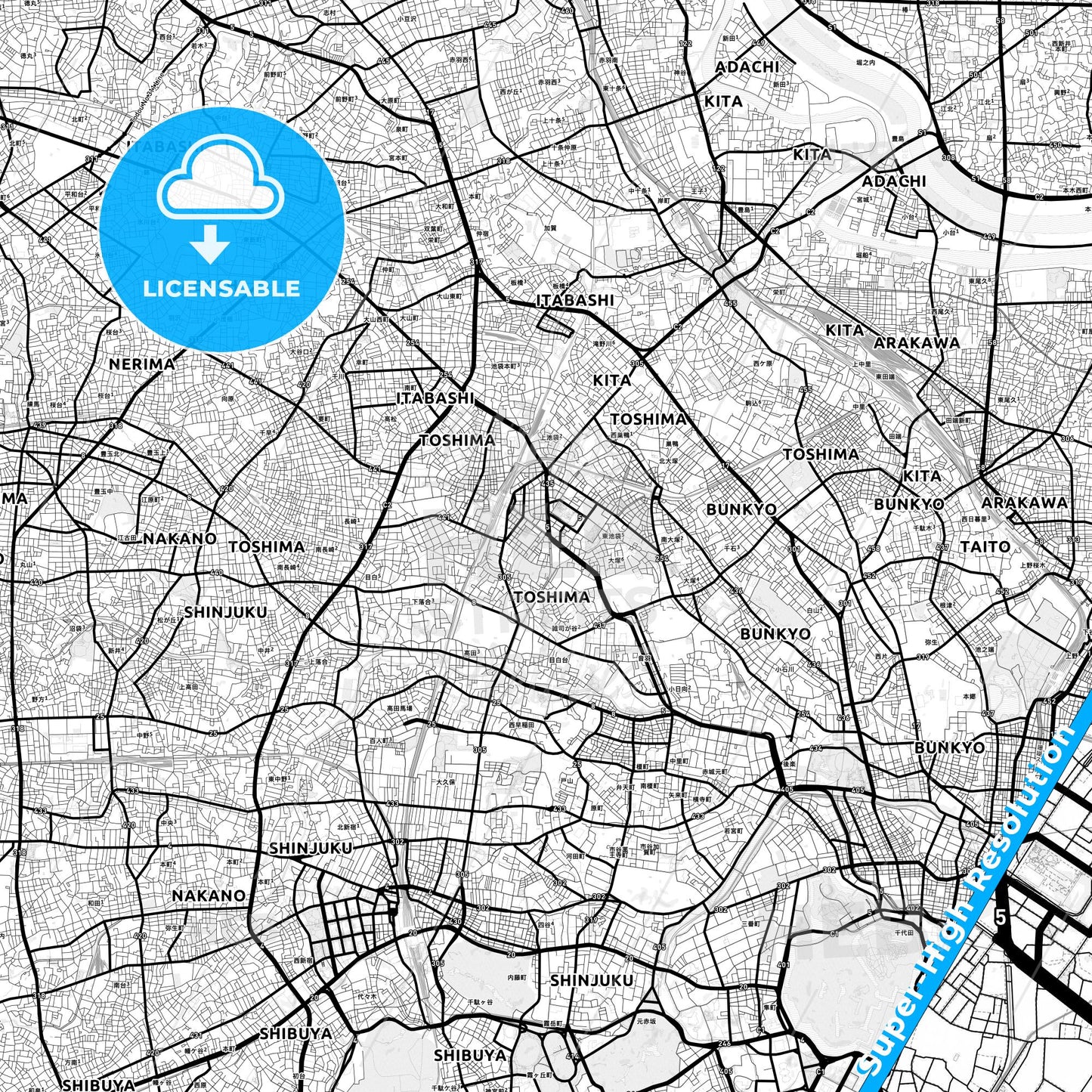 Toshima, Japan Light Map with Street Names, City Names, and Districts