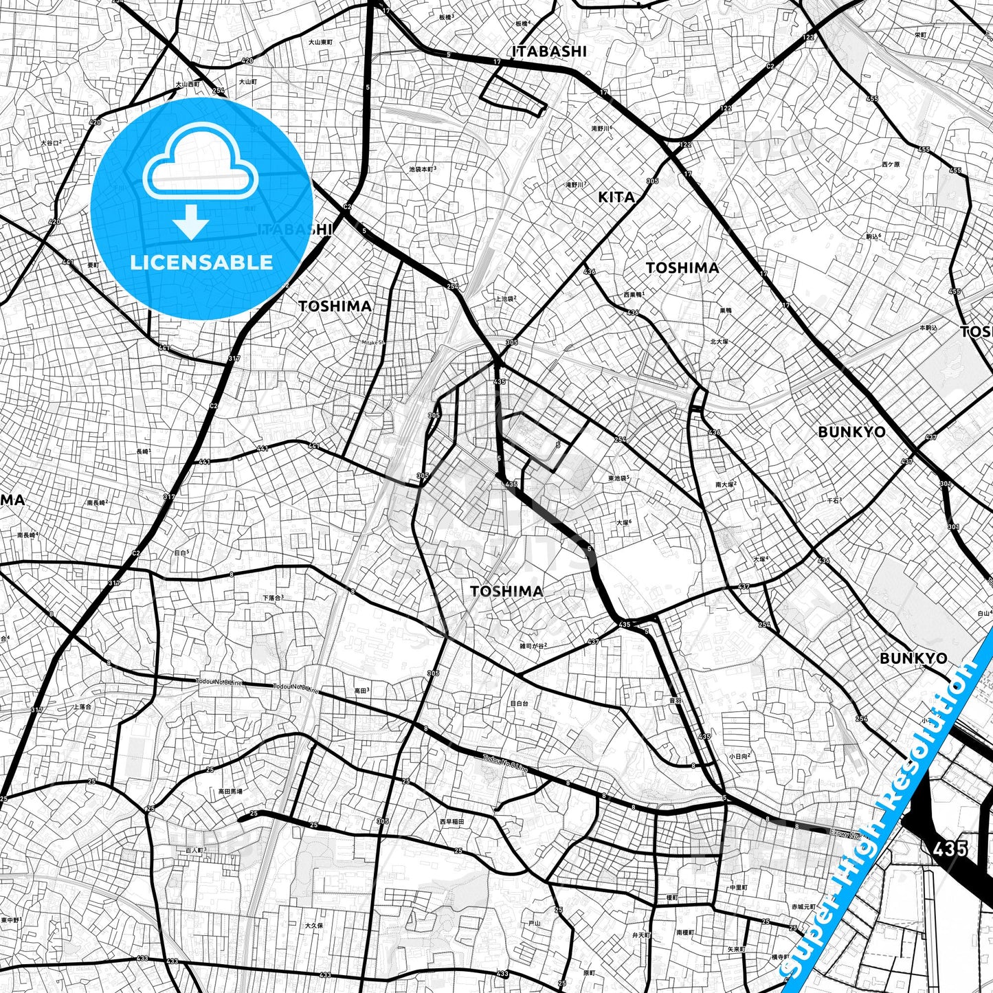 Toshima, Japan Light Map with Street Names, City Names, and Districts