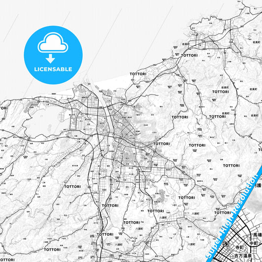 Tottori, Japan light map with streetnames, citynames and districts