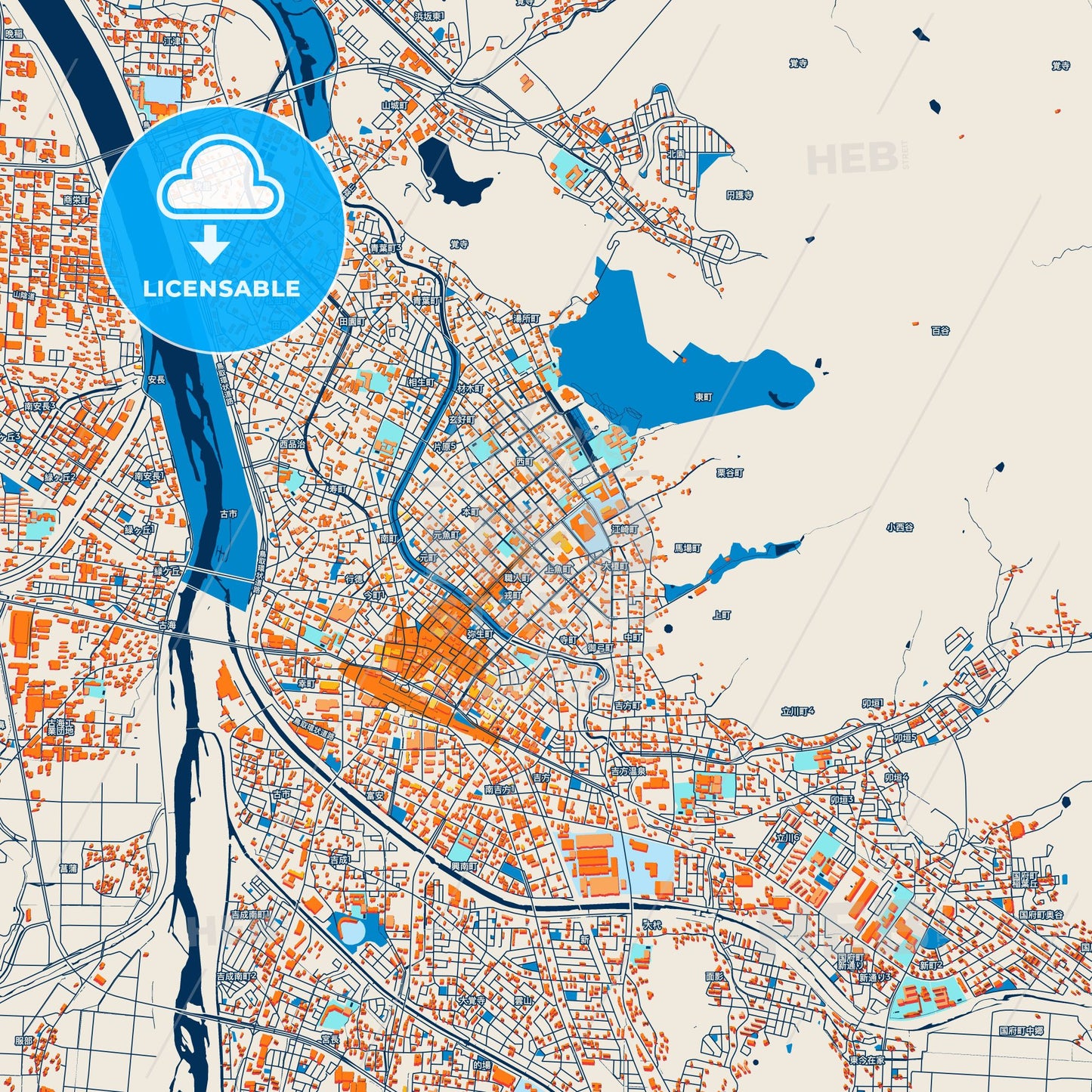 Colorful Tottori Street Map with Labels and Buildings