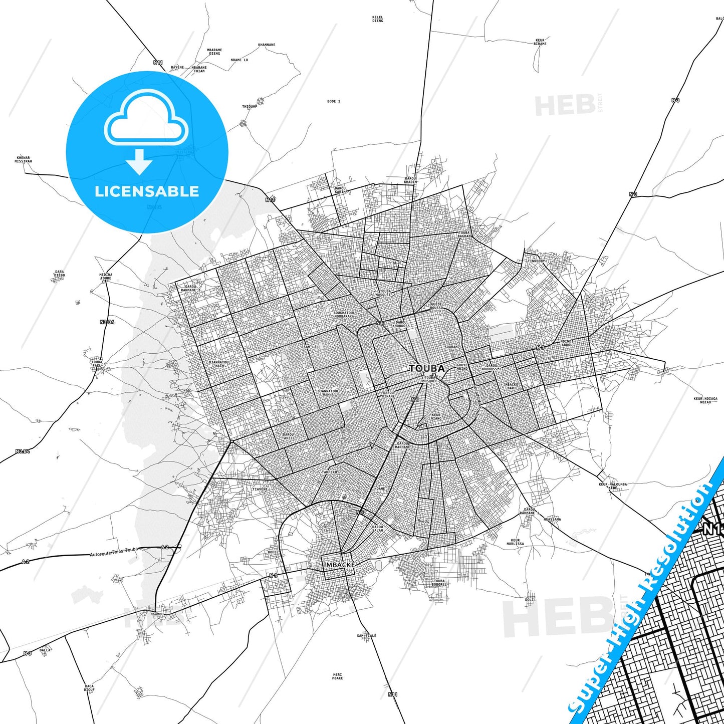 Touba, Senegal light map with streetnames, citynames and districts
