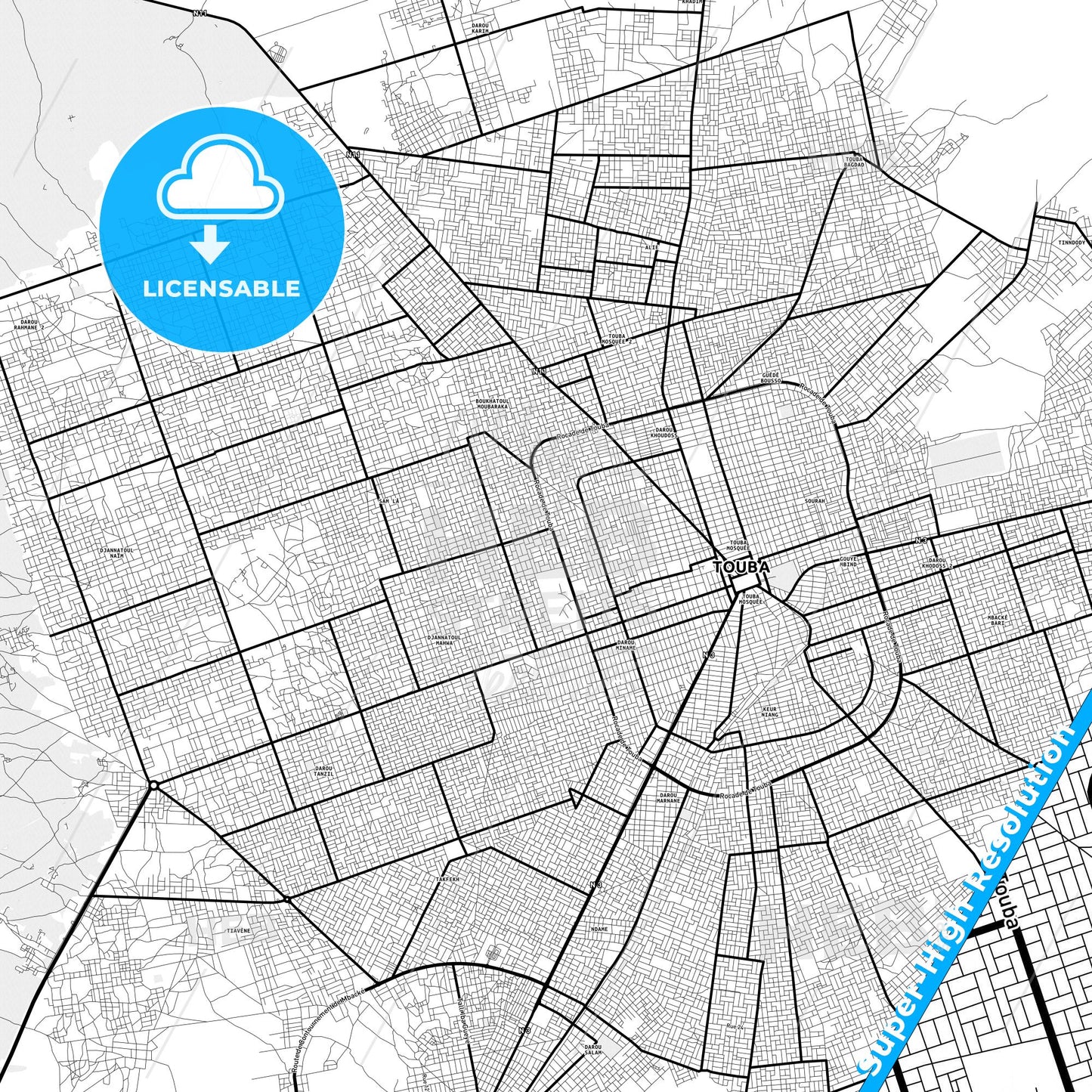 Touba, Senegal Light Map with Street Names, City Names, and Districts