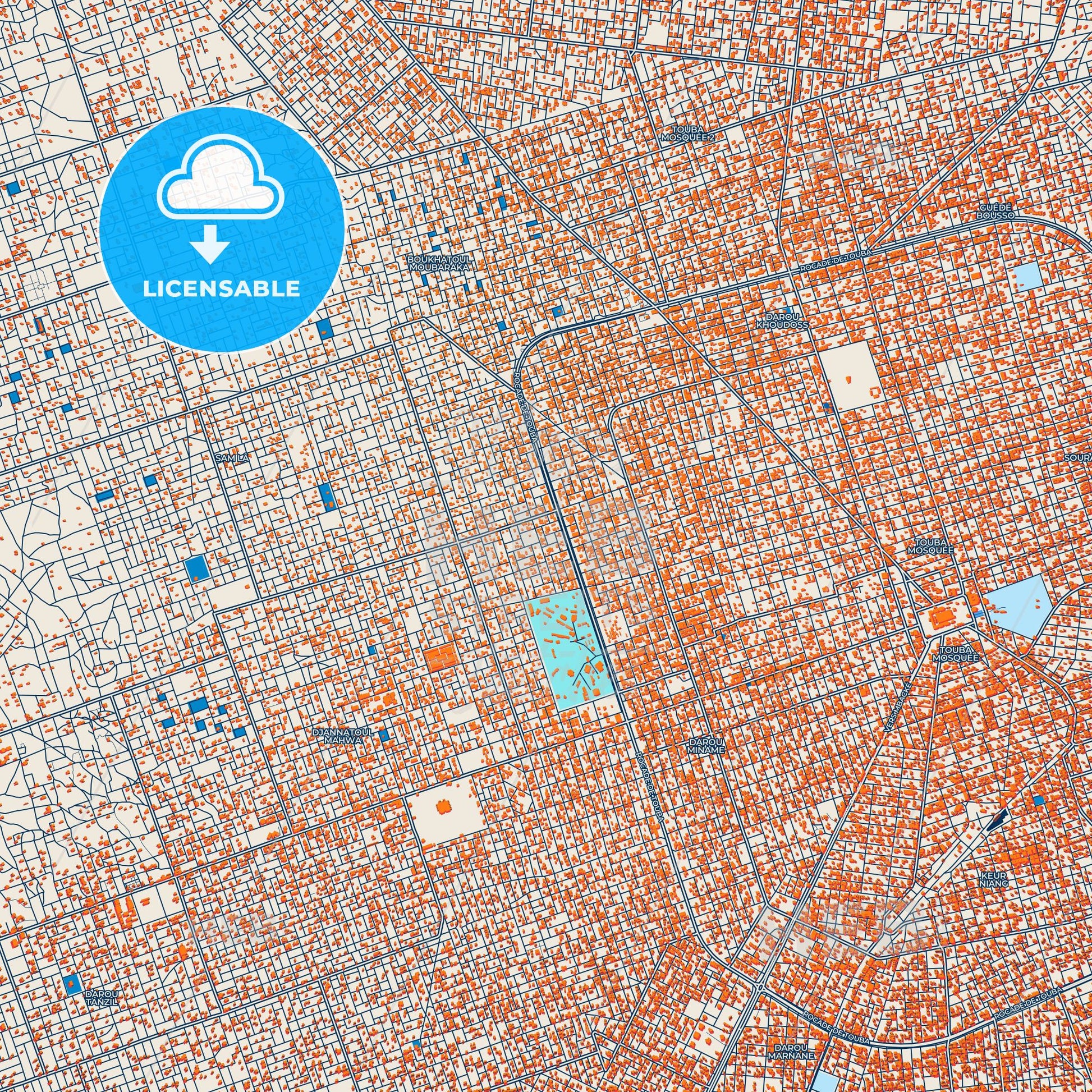 Colorful Touba Street Map with Labels and Buildings