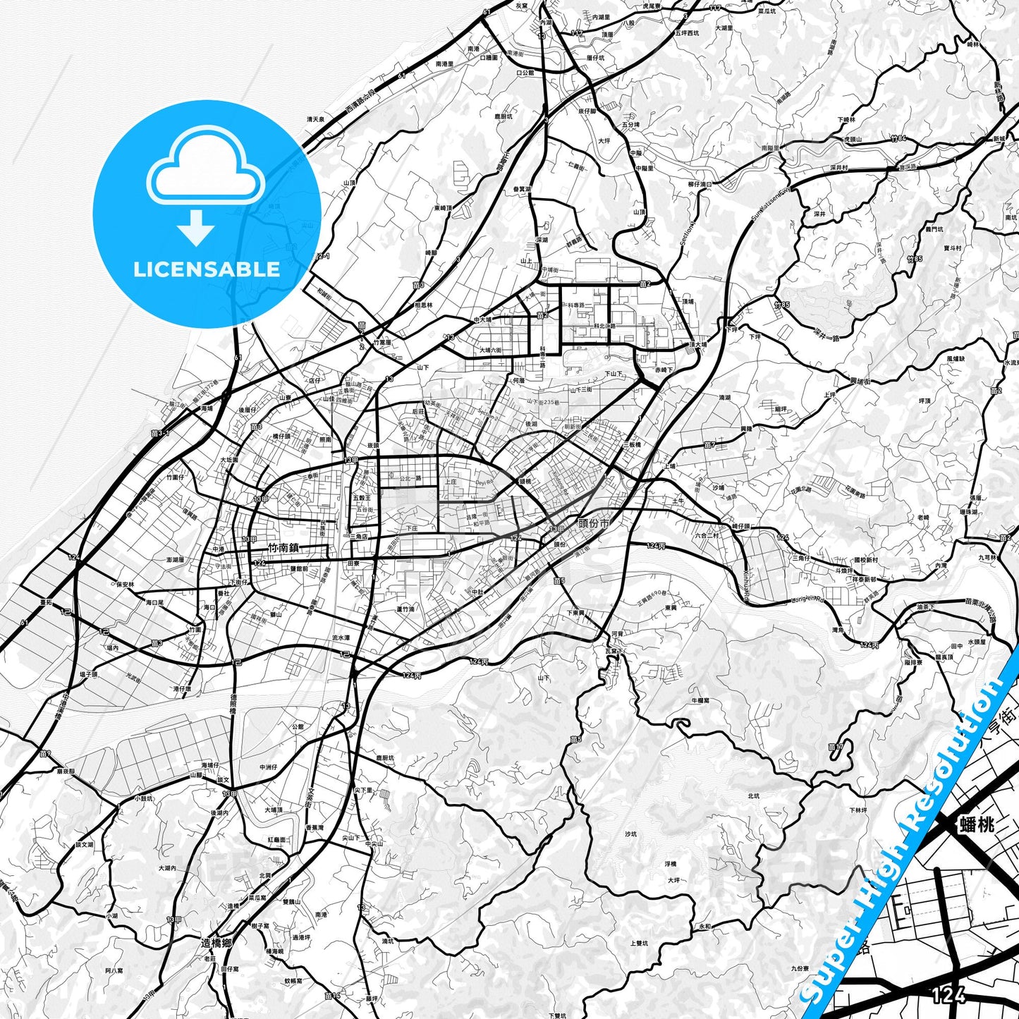Toufen, Taiwan Light Map with Street Names, City Names, and Districts