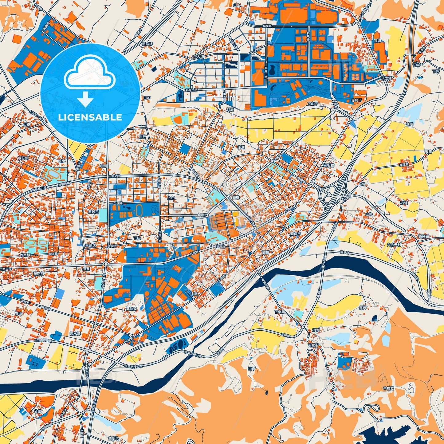 Colorful Toufen Street Map with Labels and Buildings