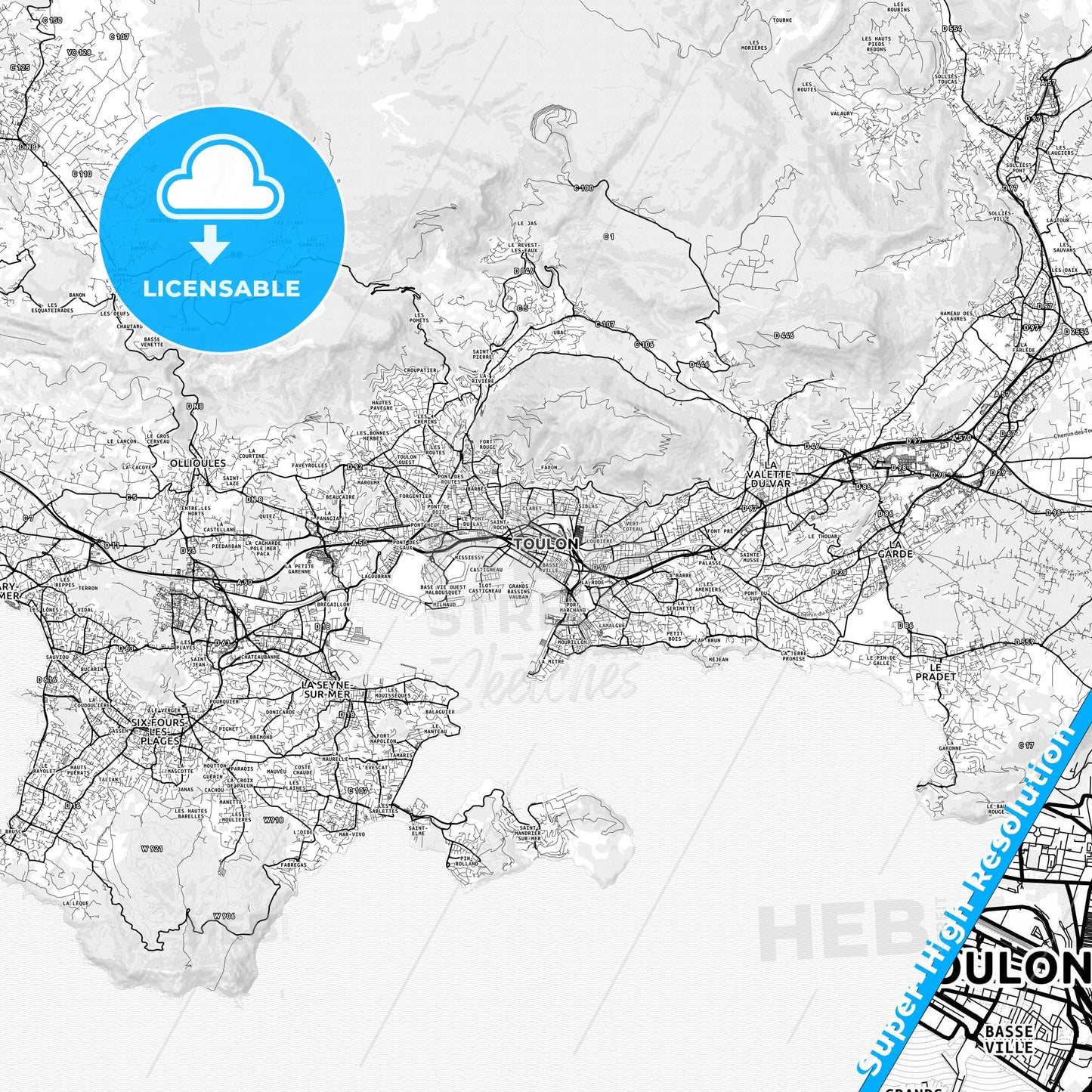 Toulon, France light map with streetnames, citynames and districts