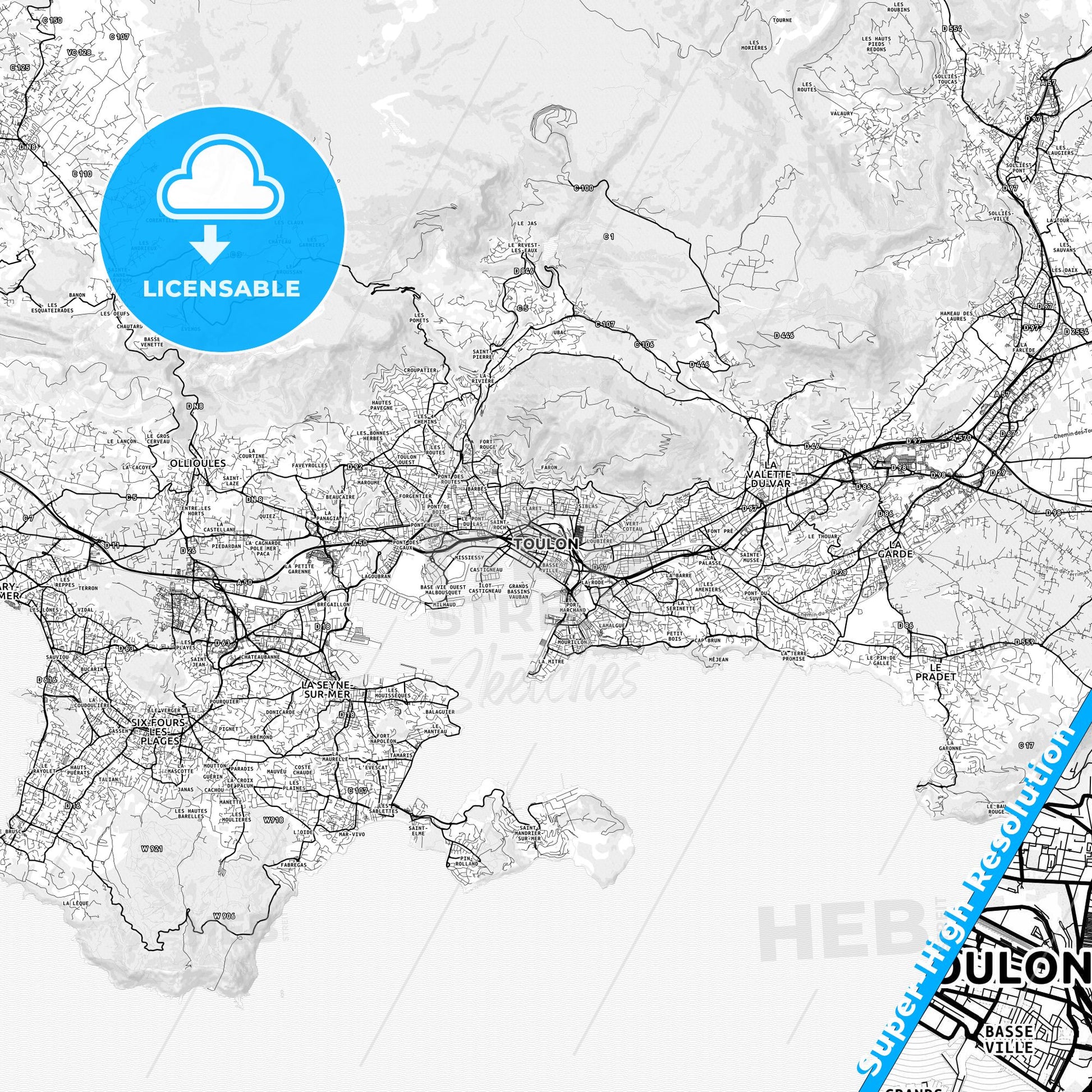 Toulon, France light map with streetnames, citynames and districts