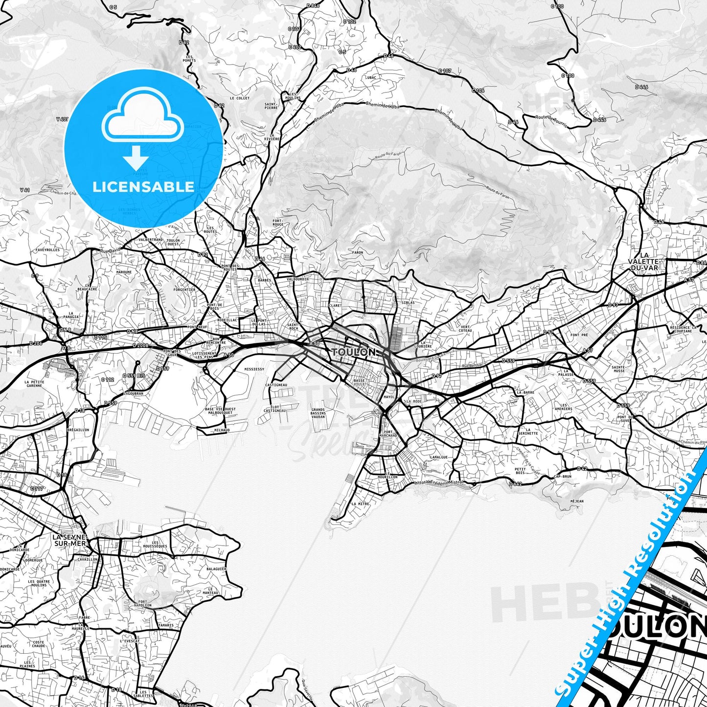 Toulon, France Light Map with Street Names, City Names, and Districts