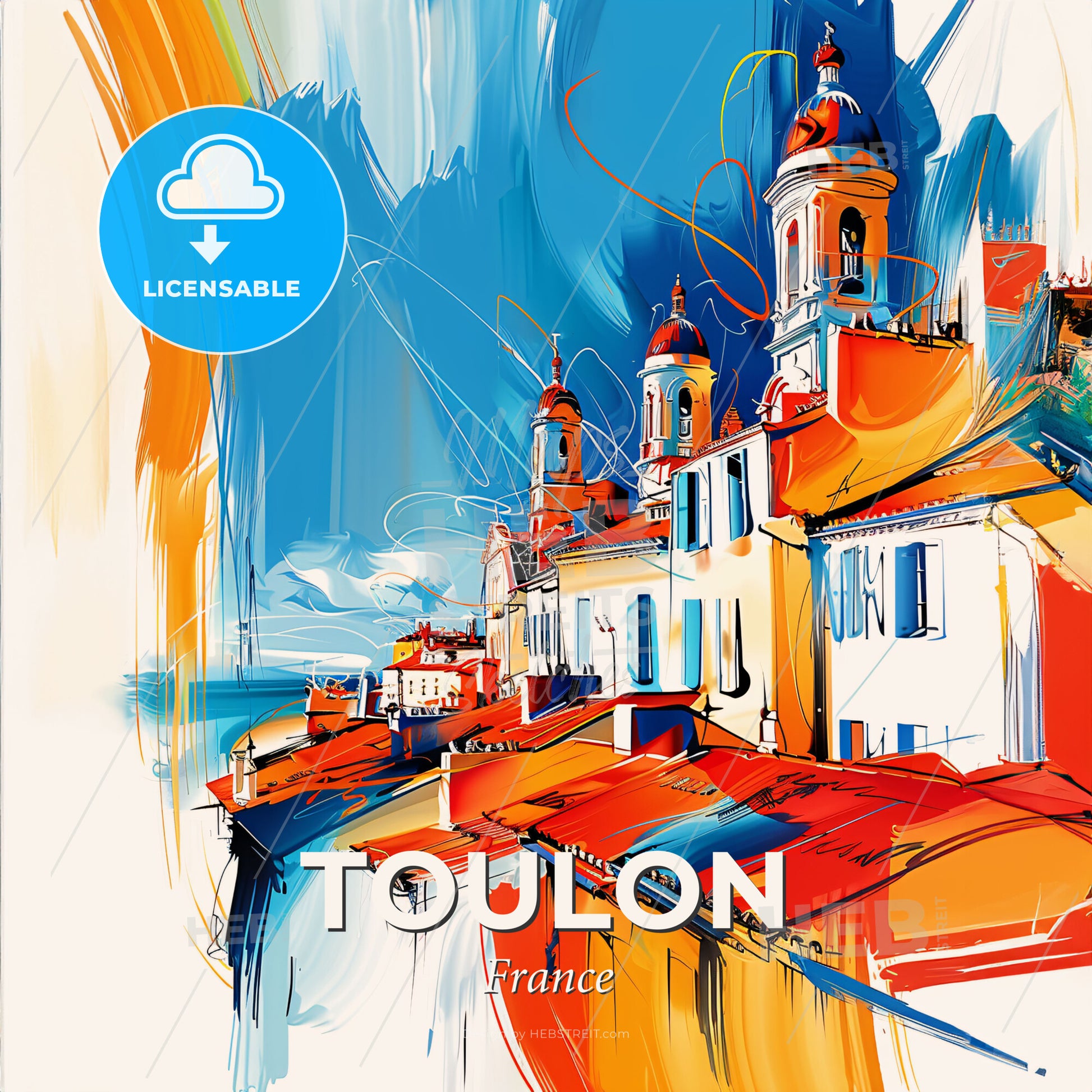 Vibrant Toulon, France - A Painting Of A Building With A Steeple And A Blue Sky - Square format print template